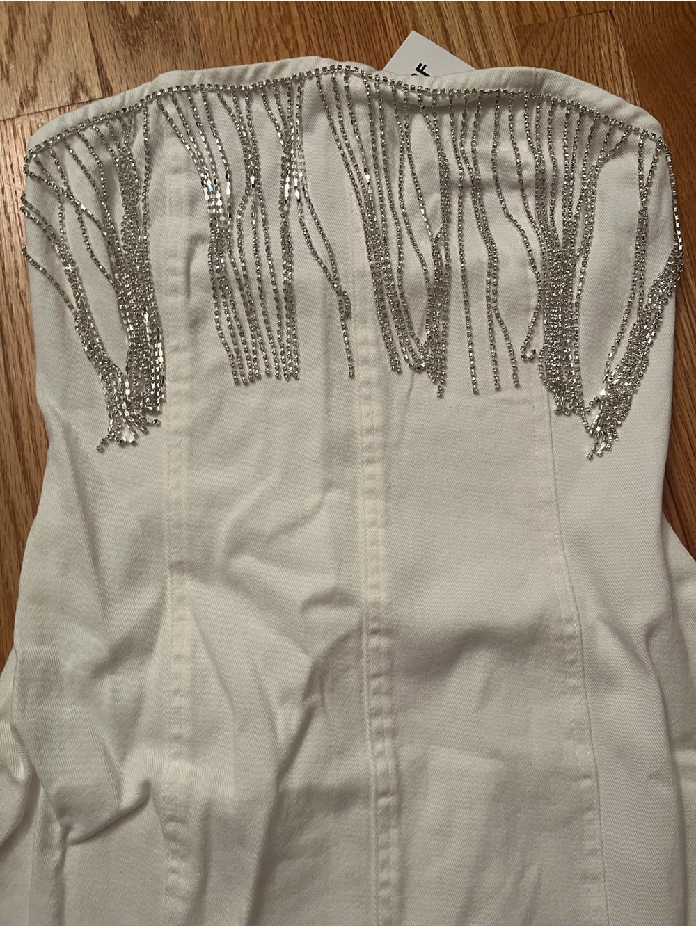 NWT 12th Tribe Rylie Denim White Strapless Mini Dress Rhinestone Fringe Sz S - Picture 6 of 10